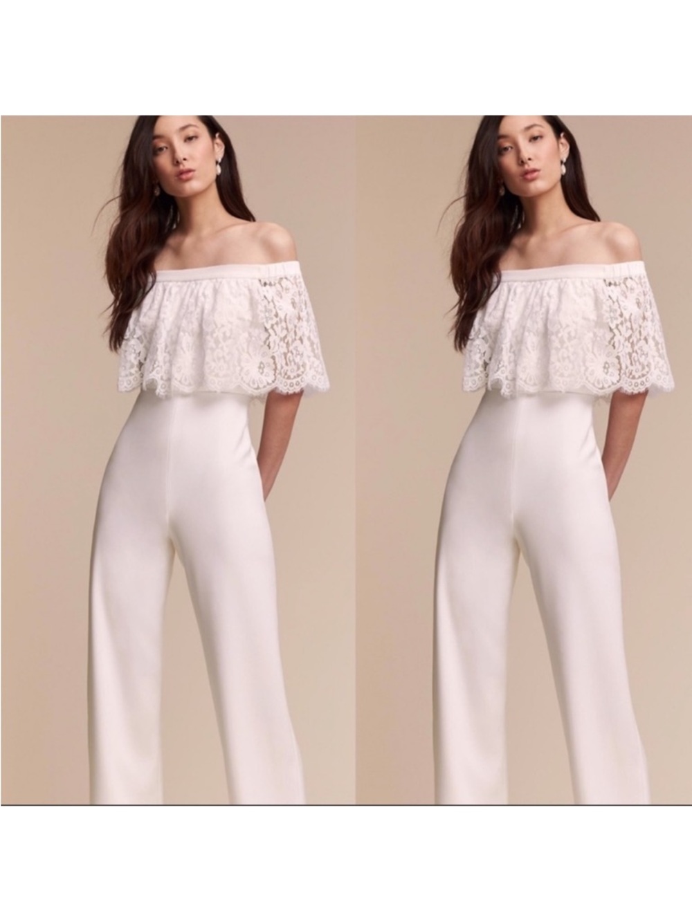 BHLDN Off-Shoulder Lace Overlay White Jumpsuit